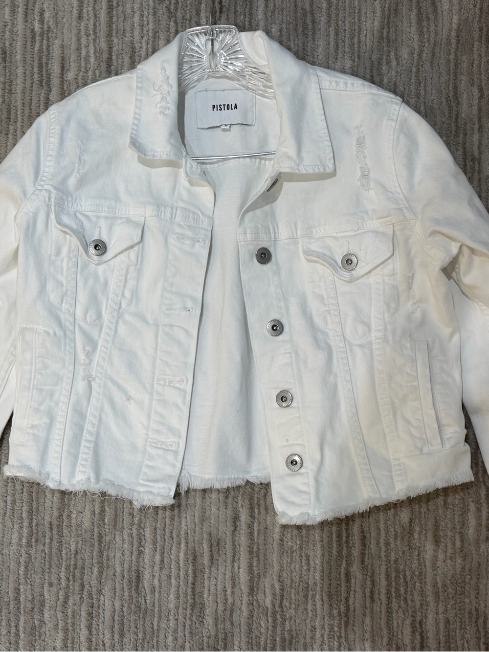 Pistola White Distressed Cropped Denim Jacket w/Frayed Hem Small Great condition - Picture 3 of 9